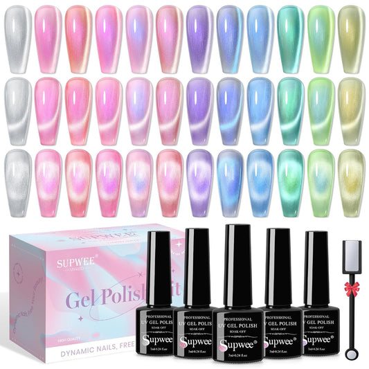 Aurora Magnetic Cat Eye Gel Nail Polish 12 Colors Mermaid Shimmer Glitter Cateye Gel Polish Spring Summer Colors Cat Eye Manicure Gift Soak Off Lamp Salon DIY at Home