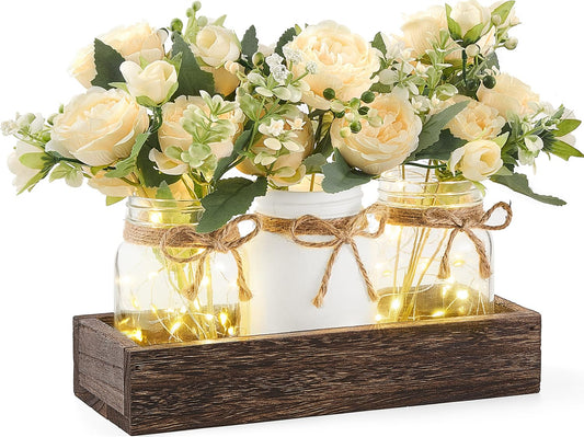 Mkono Mason Jar Lights Centerpiece Table Decor for Dining Room Farmhouse Wood Tray with 3 Jars Flowers Summer Decoration for Coffee Table Kitchen Living Room Wedding