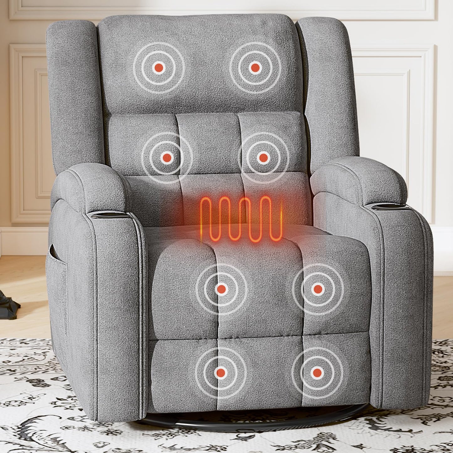 Furnimart 360° Swivel Rocker Recliner with Heat and Massage, Manual Comfy Recliner Chair for Adult, Chenille Glider Rocker Chaise Lounge for Living Room, Bedroom, Home Theater (Gray)