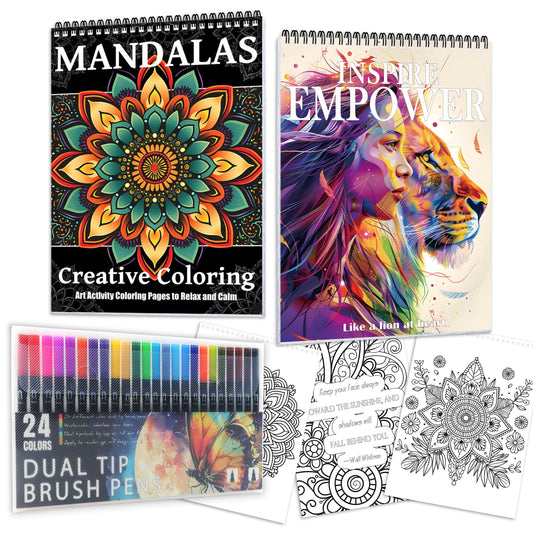Adult Coloring Book for Women, 48 Patterns Spiral Bound Mindfulness Coloring Books for Adults Relaxation with 24 Dual-Tip Markers, Anxiety Relief Gifts Include Inspirational Quotes & Mandalas (2 Pack)