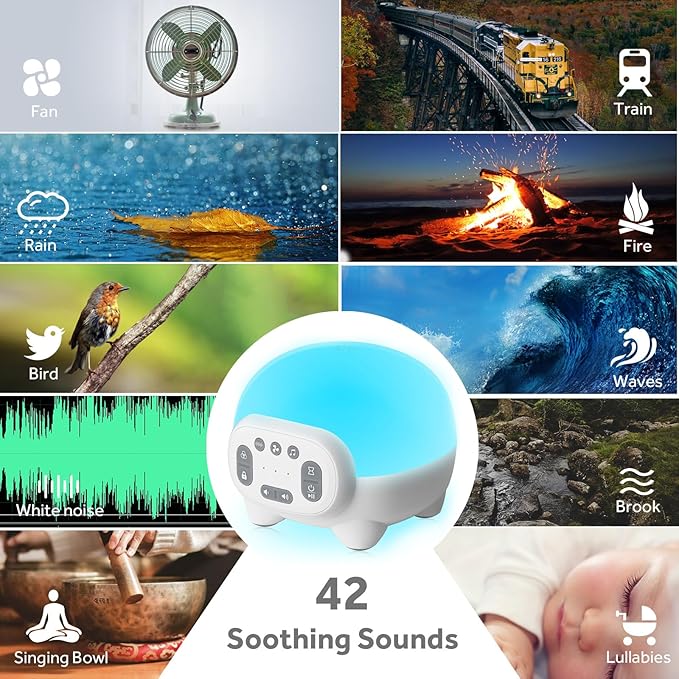 Sound Machine for Kids Sleep with 8 Colors Night Light – 42 Soothing Natural Sounds | Rechargeable | Timer | White Noise Machine for Baby Kids Adults