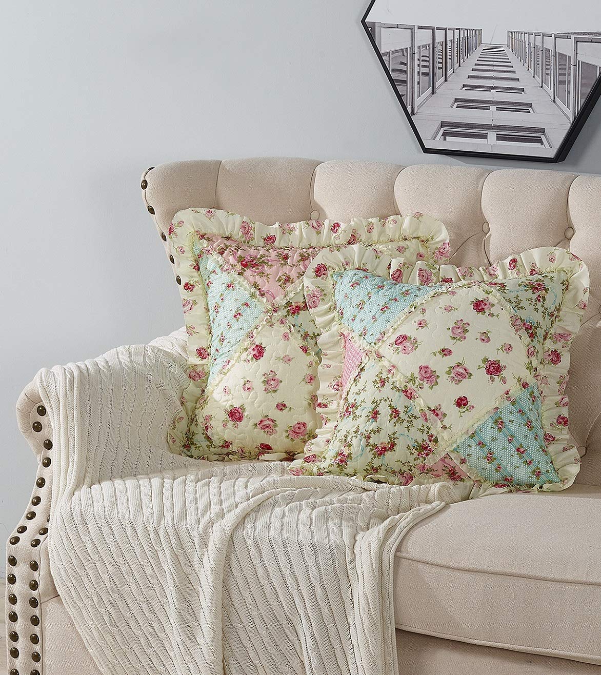Brilliant Sunshine Roses Ruffle Pillowshams, Quilted Patchwork Decorative Pillow Covers Set, Washable Square Throw Cushion Cases for Couch, Recliner, Armchair, Bed, 18x18, Pack of 2, Pink Green