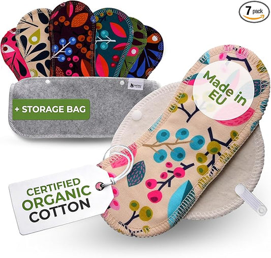 Organic Cotton Reusable Panty Liners for Women & Teens (Small, 7-Pack); High-Temp Washable Cloth Liners Made in EU; Stay Fresh & Dry, for Daily Vaginal Discharge Only; 100% Breathable (no PUL/TPU)