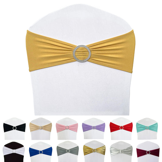 Maiangel Spandex Chair Sashes Bands 50PCS Stretch Chair Ties Bows with Buckle Slider for Wedding Party Banquet Decoration (Gold)…
