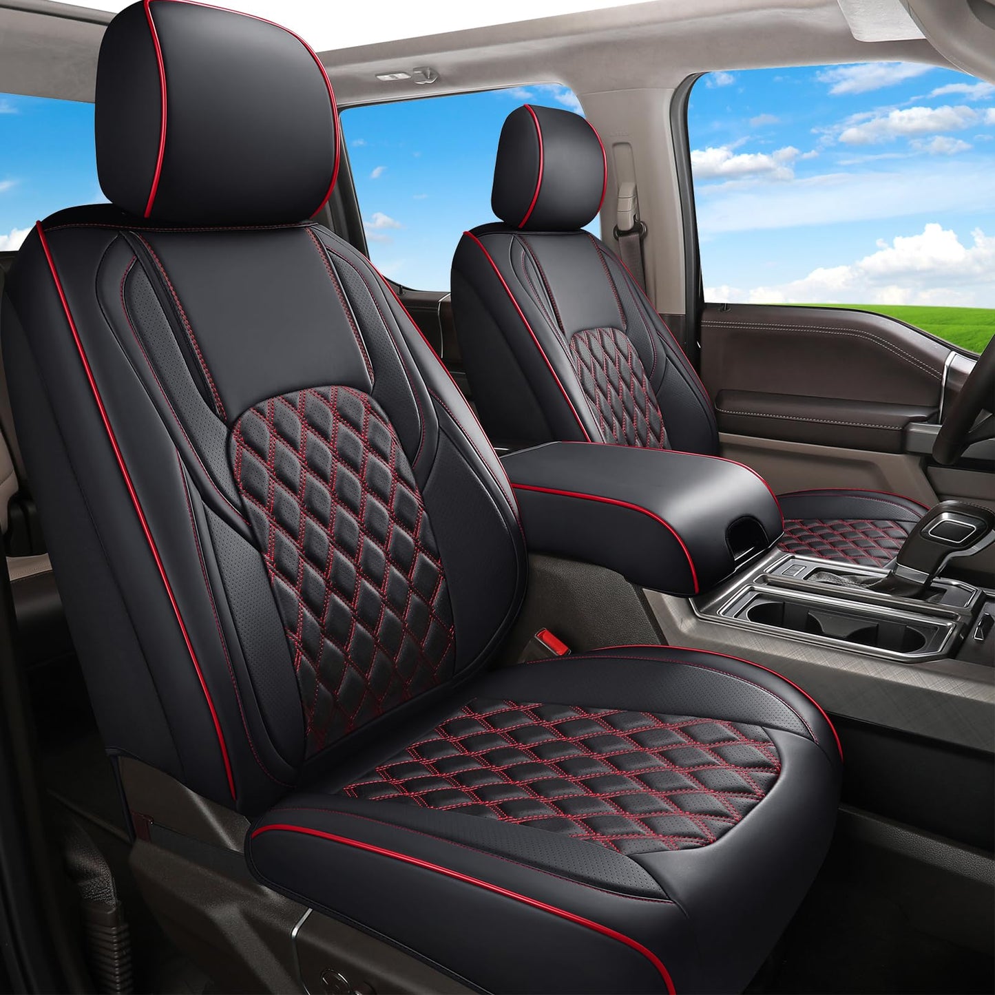 Huidasource Full Coverage F150 Seat Covers Cushion Protector Fit for 2015-2025 Ford F150 SuperCrew & 2017-2025 F250 F350 F450 Super Duty Crew Cab XL XLT Lariat King Ranch Platinum(Full Set/Black&Red)