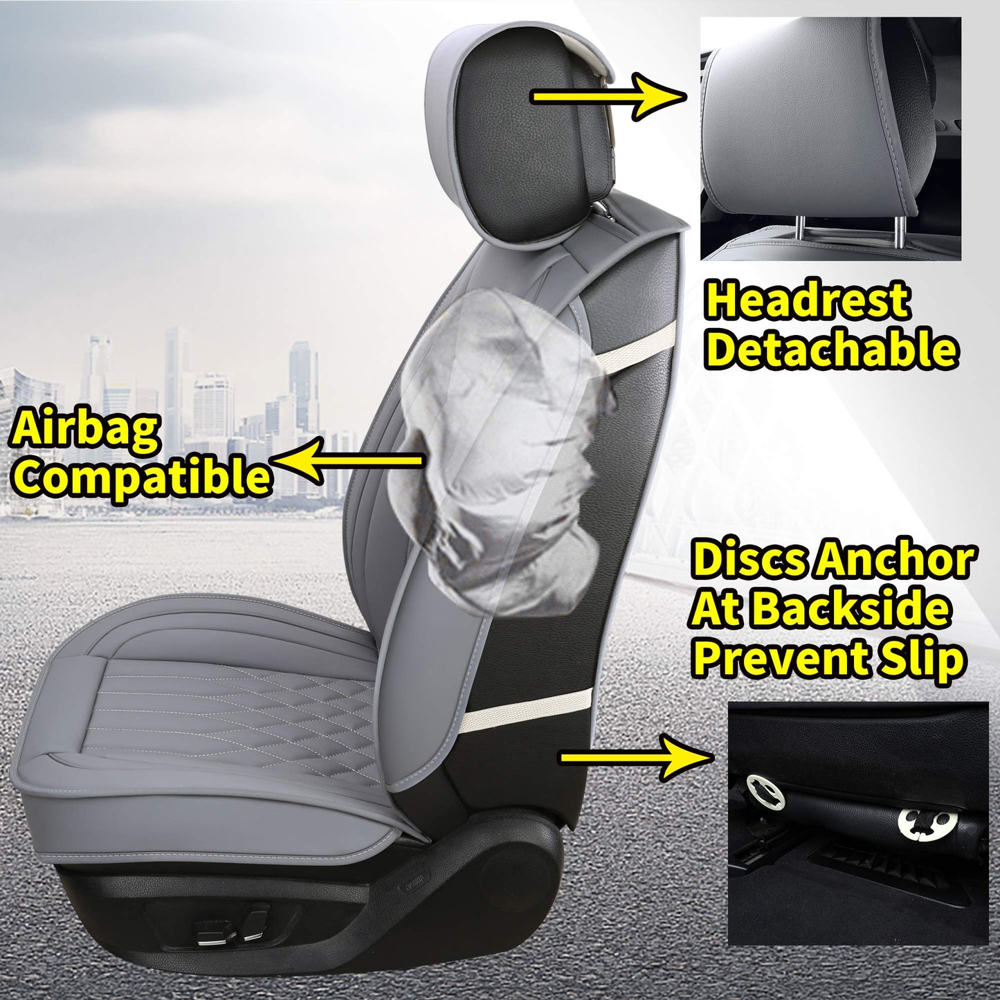 Aierxuan Car Seat Covers Full Set 5pcs with Waterproof Leather,Airbag Compatible Automotive Vehicle Cushion Cover Universal fit for Most Cars (Grey)