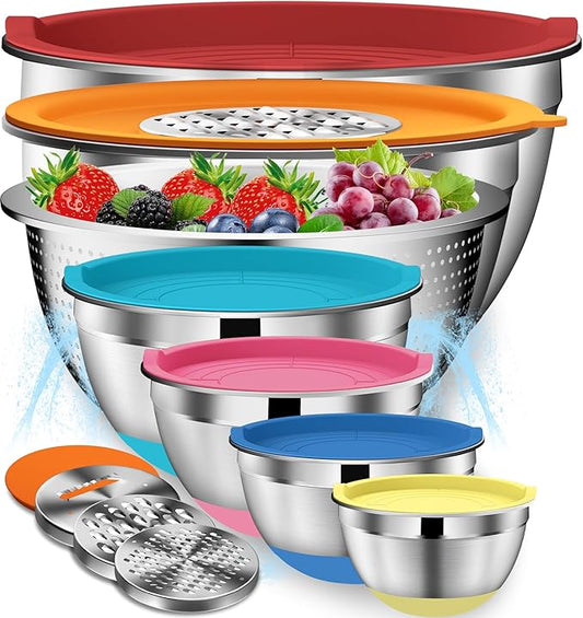 DUTZUN Mixing Bowls with Lids Set - 16pcs Stainless Steel Mixing Bowl Set with Colander, 3 Grater Attachments, Non-Slip Bottom, Metal Nesting Bowls with Strainer for Mixing & Serving - Multicolor