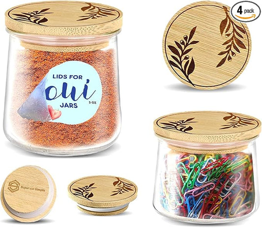 Bamboo Oui Yogurt Jar Lids – Olive Branches Design – 4 Pack | Reusable Airtight Tops for Yoplait Glass Jars | Bamboo Replacement Oui Jar Covers with Silicone Seal | Eco Storage Lids for Yogurt Jars