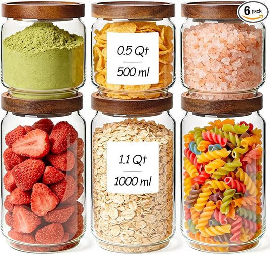 ComSaf 6PCS (1.1Qt/0.5Qt) Glass Pantry Storage Container with Acacia Wood Lid, Airtight Glass Canister with Stacked Design for Orderly Organizing, Glass Jar Organizing Dry Goods in Pantry & Cabinet