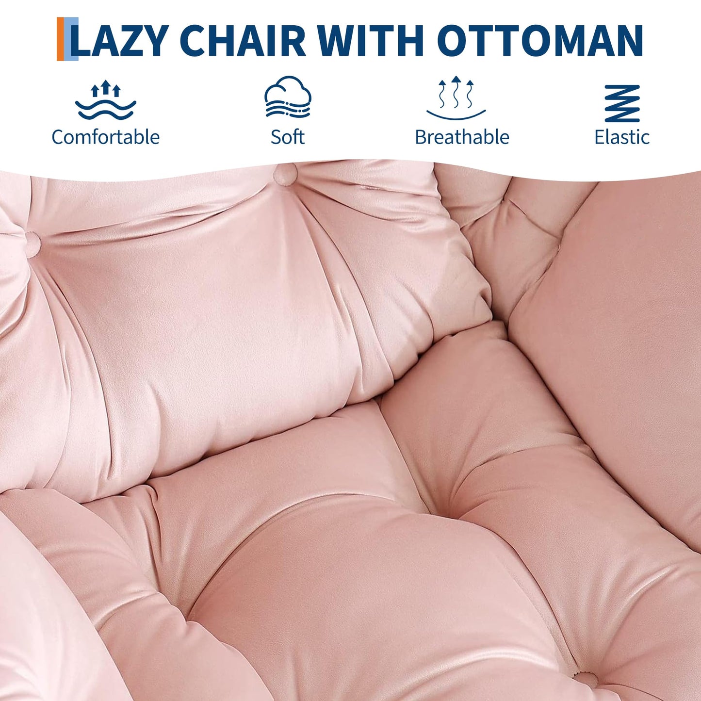 IDEALHOUSE Lazy Chair with Ottoman, Large Lounge Accent Chair, Comfy Armchair with Folding Footrest,Reading Armchair with Side Pocket for Living Room, Bedroom, Dorm & Office (1 Set, Velvet Pink)