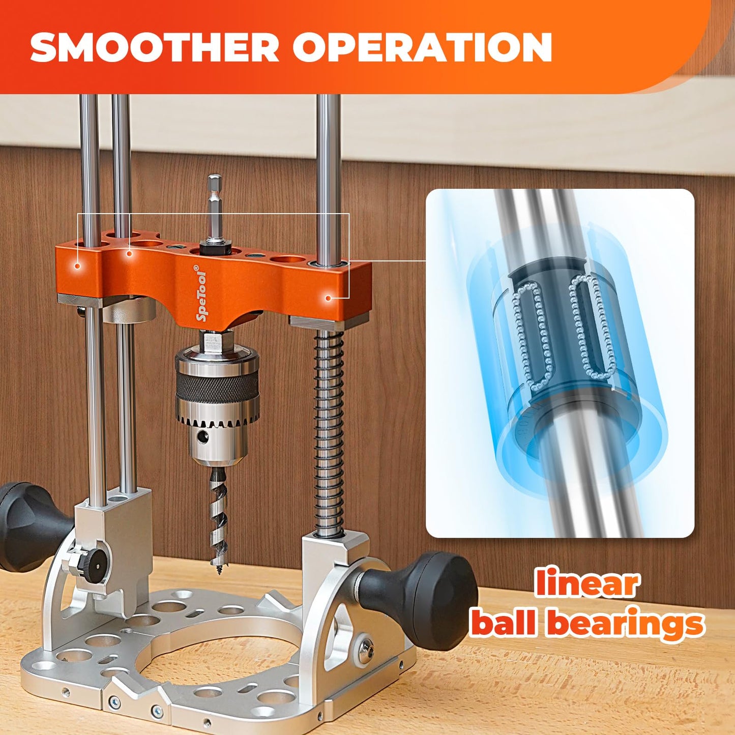SpeTool Portable Drill Guide with Liner Ball Bearings Guide Poles, 1/2” Chuck Drill Press Adapter for Hand Drill Adjustable from 0-60°, Multi Angle Drill Guide for Straight Holes Woodworking