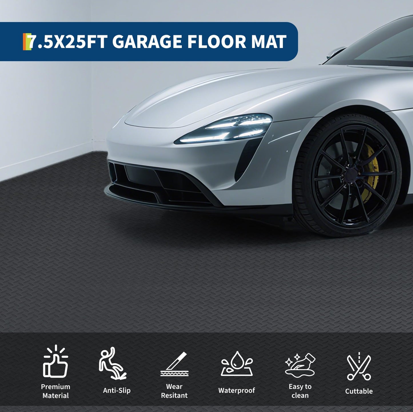 7.5x25 FT Garage Floor Mat, 2.8Mm Thickened Non-Slip PVC Garage Mat Roll, Diamond Plate Floor Protector Mat with 33FT Tapes for Garage, Under Car Parking Mat for SUVs, Trucks, Sports Car, Indoor Use