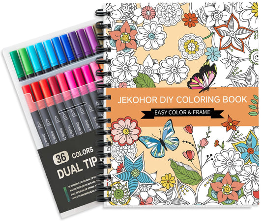 Jekohor Adult Coloring Book Set,Spiral Bound Coloring Book for Adults Relaxation with 36 Colors Markers, Anxiety Relief Gifts with 30 Patterns Included Mandala Animal Flowers