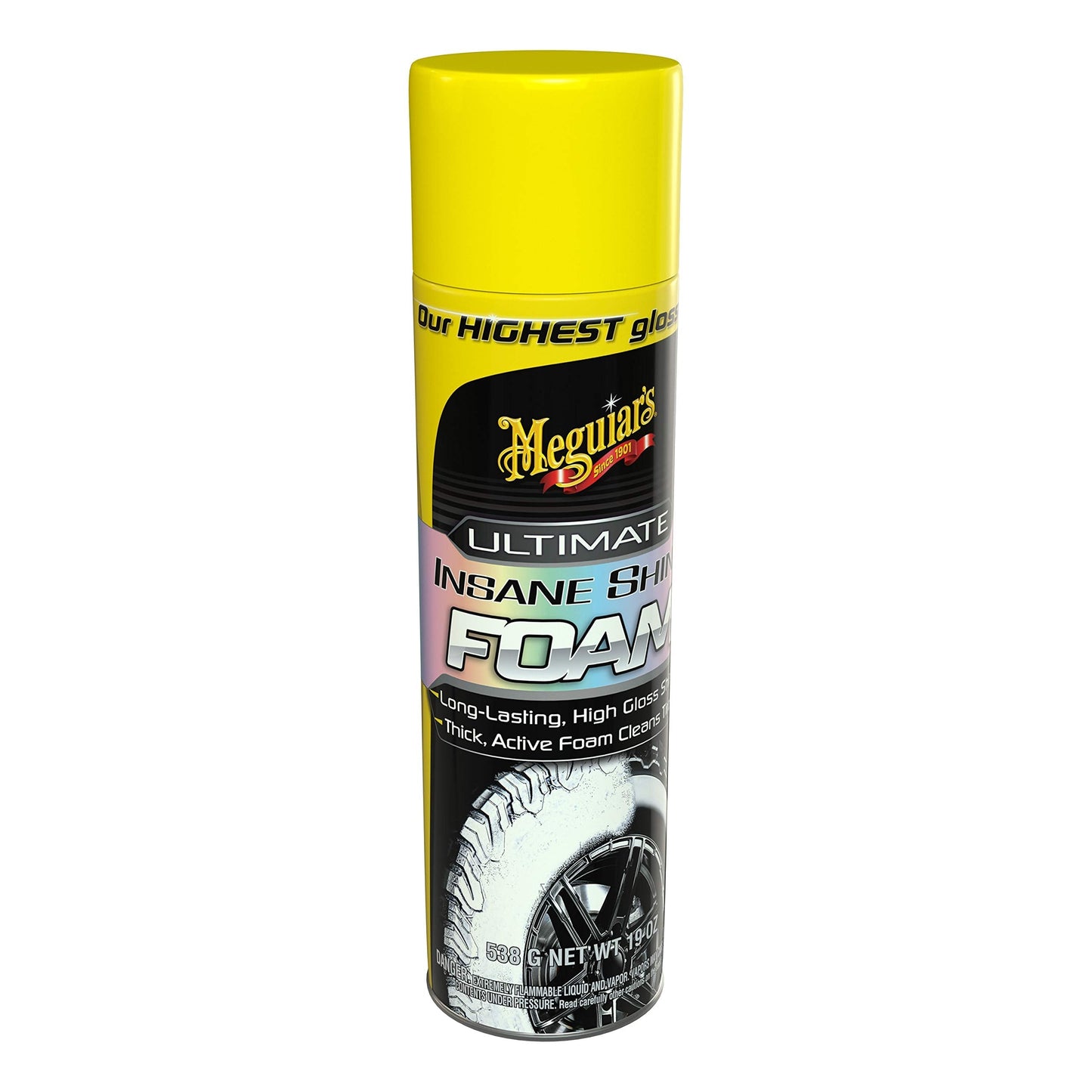 Meguiar's Ultimate Insane Shine Foam - Long-Lasting Tire Shine for an Extreme Shine & Gloss, Rich, Dark & Consistent Finish, No Wiping or Rinsing Required - Cleans Grime for a Dark Shine, 19 Oz Foam