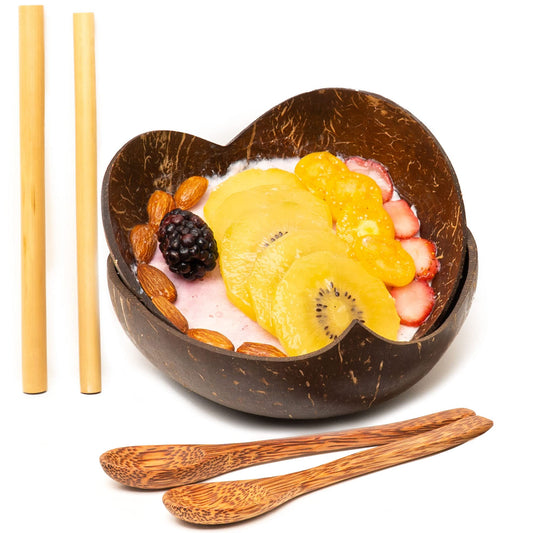 Rainforest Bowls Set of 2 Jumbo Heart Coconut Bowls, 2 Wooden Spoons & 2 Reusable Bamboo Straws - 100% Natural, Hand Carved by Artisans, Eco-Friendly & Sustainable - Smoothie/Acai/Salad Bowls