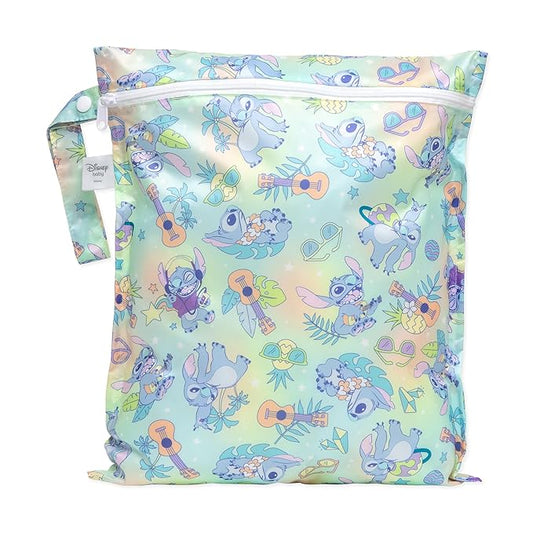 Bumkins Disney Waterproof Wet Bag for Baby, Travel, Swim Suit, Cloth Diapers, Pump Parts, Pool, Beach, Gym Clothes, Toiletry, Hook to Stroller, Daycare, Zipper Reusable Wetdry Packing Pouch, Stitch