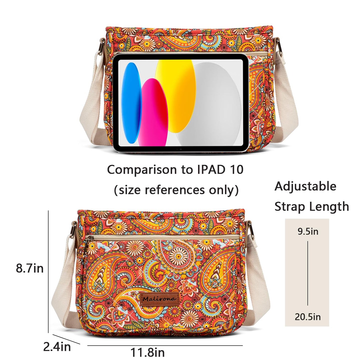Malirona Women 's Durable Floral Crossbody Bag Canvas Messenger Handbag Multi Pocket Travel Satchel Purse (Red Flower-M)
