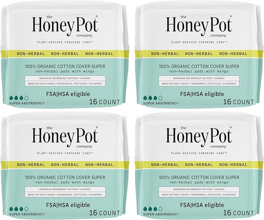 The Honey Pot Company - 64ct - Sanitary Pads for Women - Non-Herbal Super w/Wings - Organic - Cotton Cover, & Ultra-Absorbent Pulp Core - Feminine Care - FSA & HSA