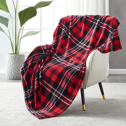 SOCHOW Flannel Fleece Throw Blanket 90 x 90 Inches, All Season Plaid Red/Grey Blanket for Bed, Couch, Car