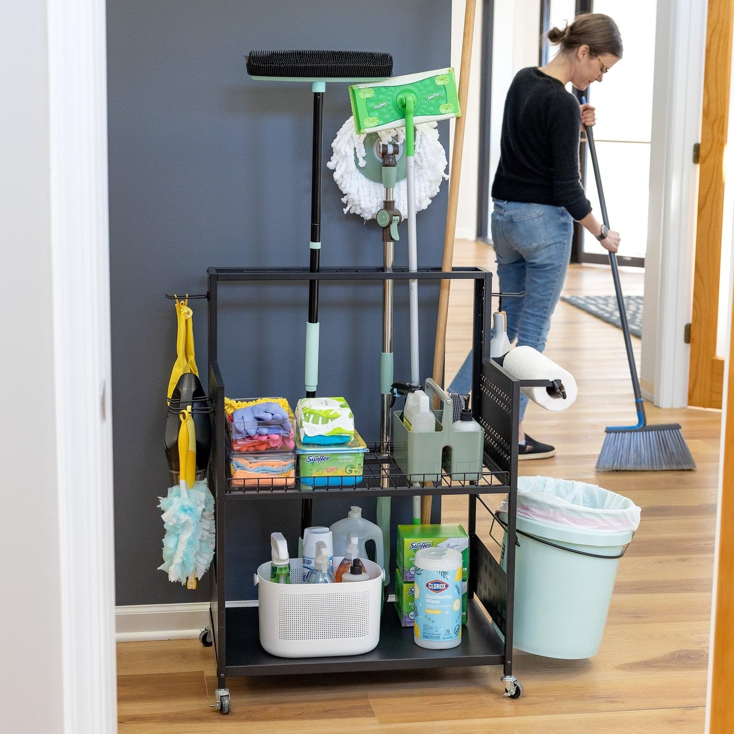 Large Cleaning Caddy with Wheels, 3 Tiered Rolling Cart Auto Detailing Cart, Car Truck SUV Boat RV, Rolling Cleaning Caddy Polisher Holder, 37 in x 17 in x 26 in, Solid Steel Holds 250 lbs