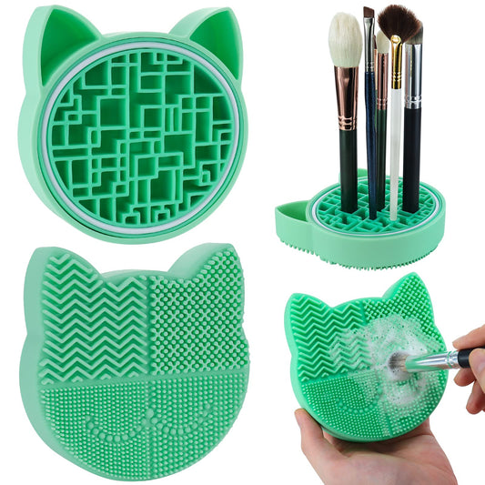Makeup Brush Cleaner Mat-Silicone Beauty Wash Pad with Dryer Holder 2 in 1 Portable Cosmetic Tool (Green)