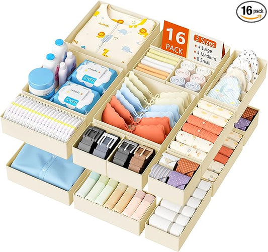 DIMJ Drawer Organizer Clothes - 16 Pack Baby Dresser Organizer for Nursery, Foldable Drawer Organizer Bins for Closet Bedroom Organization, Fabric Clothes Storage Dividers for Underwears, Socks, Bras