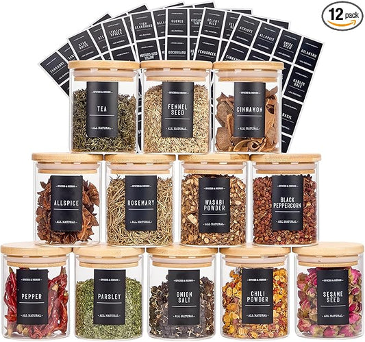 8oz Spice Jars with Bamboo Airtight Lids and Labels, 12 pcs Small Glass Containers with Bamboo Lids, Kitchen Organizer for Seasoning, Spice Containers for Spices, Tea, Salt, and Candy