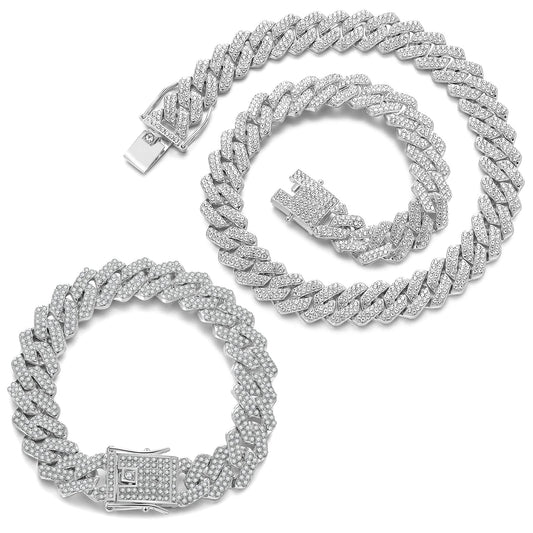 JUNVirtuous 2 Pieces Cuban Link Chain Mens Iced Out Miami Cuban Necklace and Bracelet Silver Bling Diamond Hip Hop Jewelry for Men and Women (Silver, 8" Bracelet and 16" Necklace)