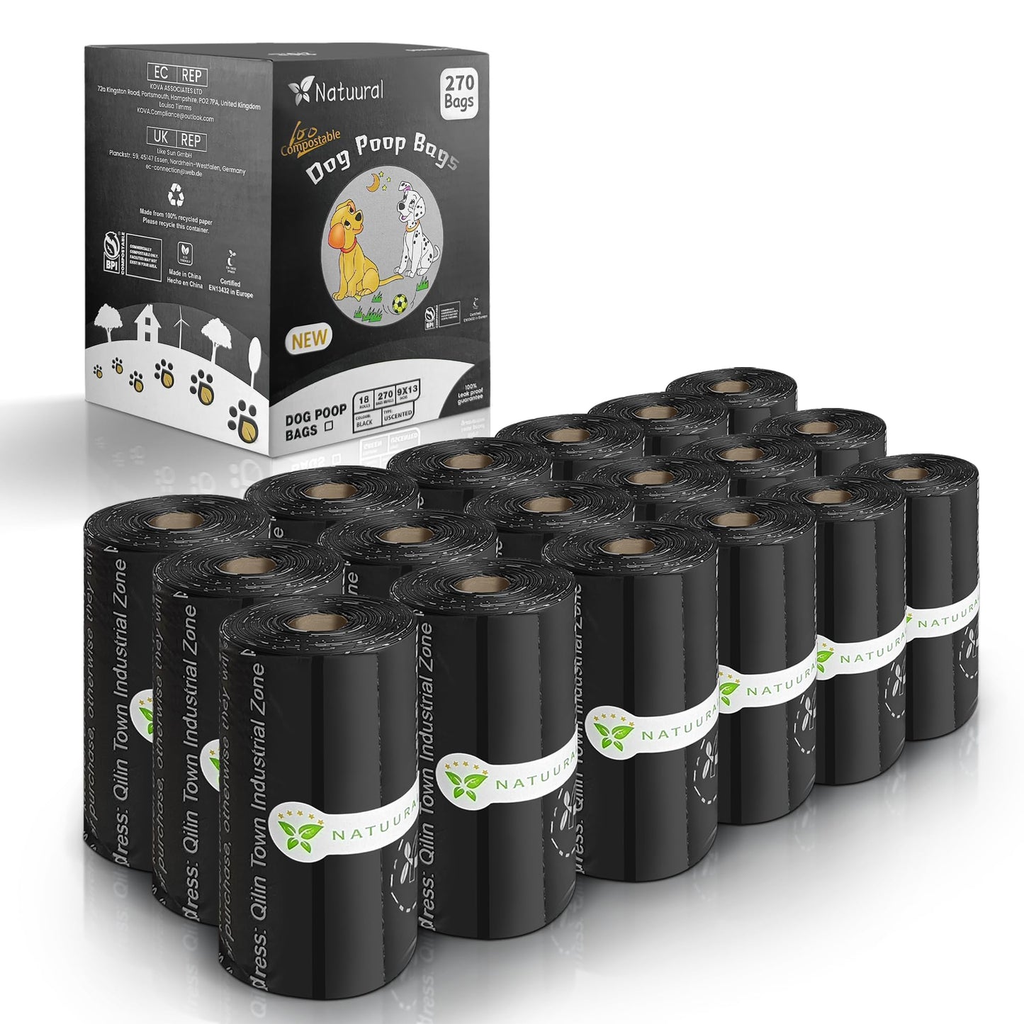 Certified Compostable Dog Poop Bags-270 Bags 18Rolls, Poop Bags for Dogs Made of Cornstarch - ASTM D6400 By USA, Leakproof Easy Open, Unscented Dog Waste Bags (Black)