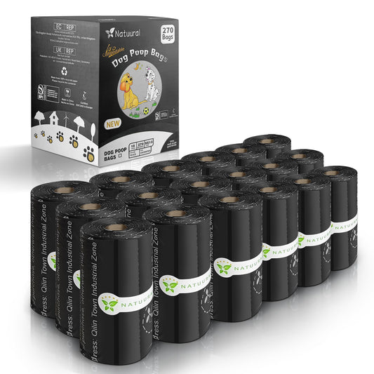 Certified Compostable Dog Poop Bags-270 Bags 18Rolls, Poop Bags for Dogs Made of Cornstarch - ASTM D6400 By USA, Leakproof Easy Open, Unscented Dog Waste Bags (Black)
