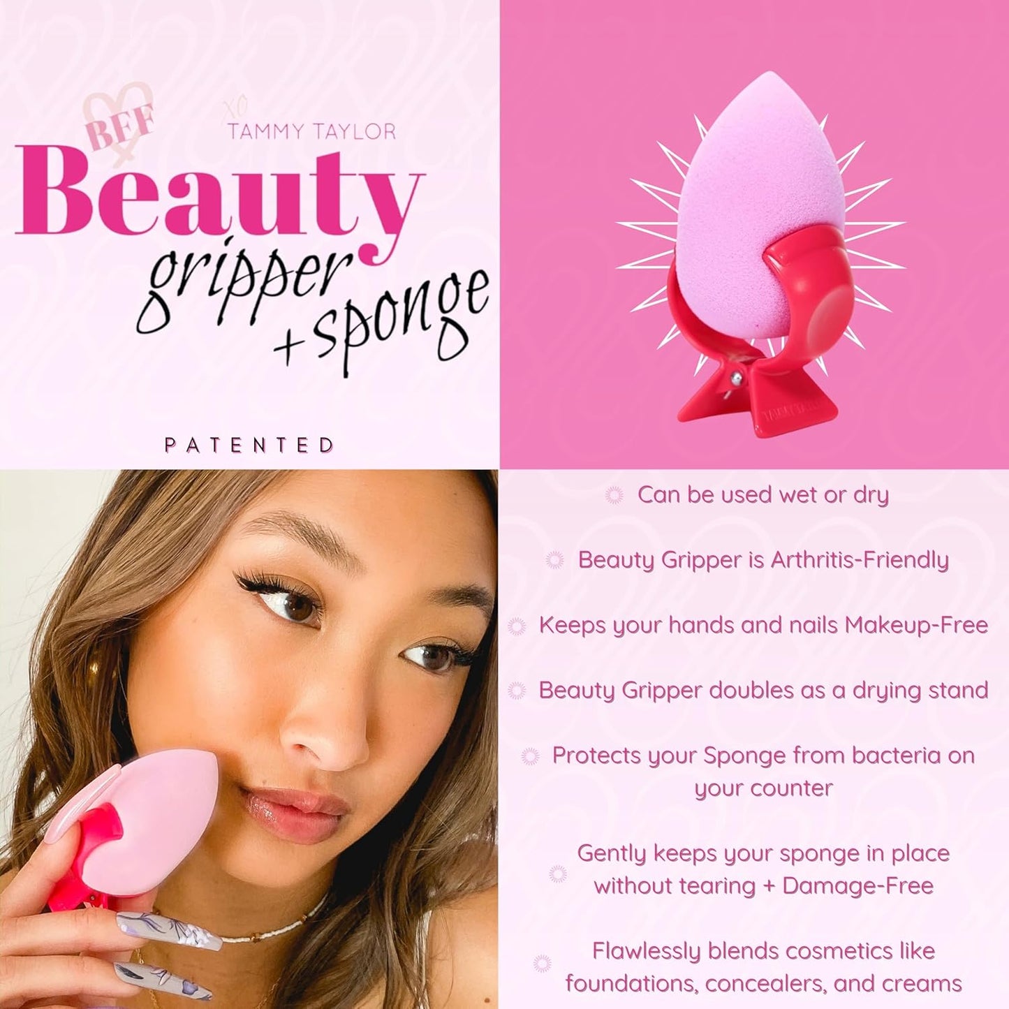 Tammy Taylor Beauty Gripper and Blender - Make up Sponge Holder with a Soft Pink Makeup Applicator Sponge - Patented Design Grips all Silicone Make Up Sponges for Foundation Powder, Cream and Liquid