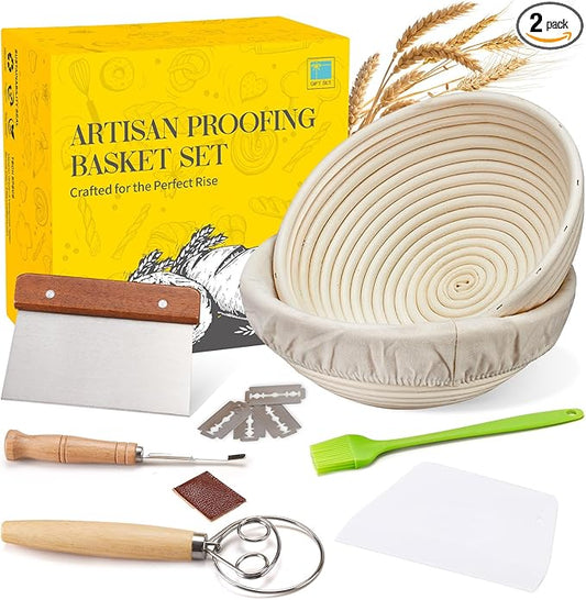 Dimpola Banneton Proofing Basket for Sourdough Bread, Handmade & Natural Rattan - Round Dough Rising Basket for Baking - Perfect for Artisan Breads (Round of 2 Gift Set)