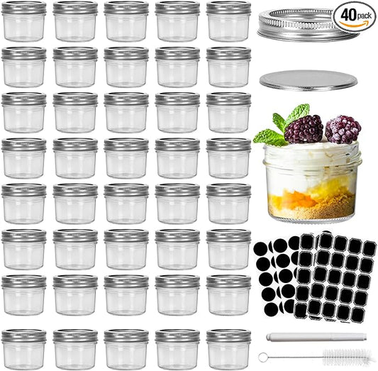 CycleMore 4oz Clear Mason Jars Small Glass Jar With Silver Separable Lids Mini Canning Jars for for Honey, Jam, Jelly, Wedding Favors, Kitchen Food Storage, Set of 40
