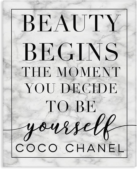 Stupell Industries Beauty Begins Once You Decide to Be Yourself White Marble Typography, Design by Daphne Polselli Wall Art, 16x20, Black