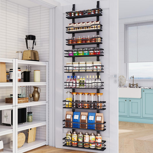 Eastherry Over The Door Pantry Organizer，9-Tier Over The Door Organizer with Adjustable Basket，Metal Hanging Pantry Organizers and Storage for Kitchen, Back of Door Seasoning Rack (Black)