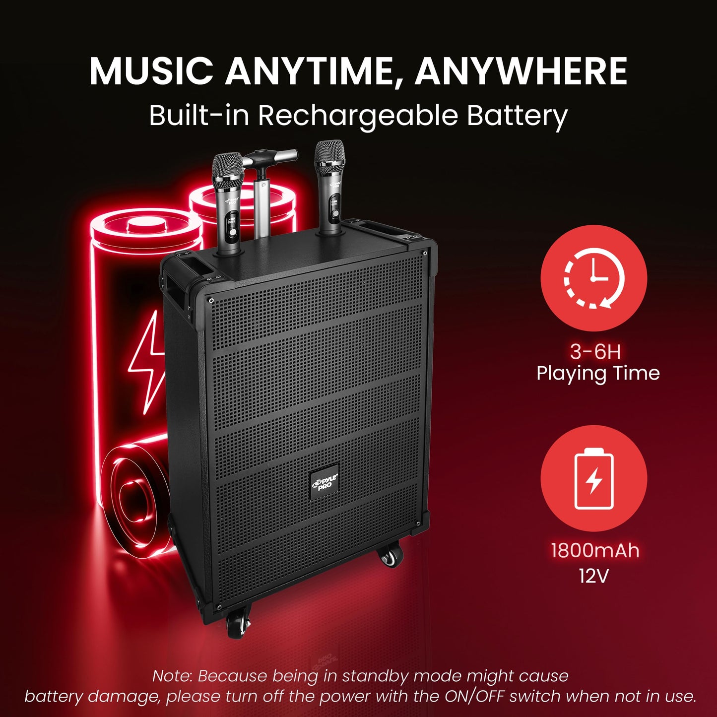 Pyle 10'' Portable Wireless Bluetooth Speaker System - Built-in Rechargeable Battery, Wireless Microphone, USB/Micro SD/FM - 600 Watt FM Radio with Digital LED Display, PWMA1099A,Black