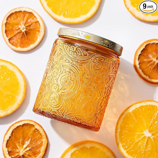 Art Secret 9-Pack 8oz Embossed Glass Candle Jars with Lids and Labels - Sun Moon Stars Design (Orange)