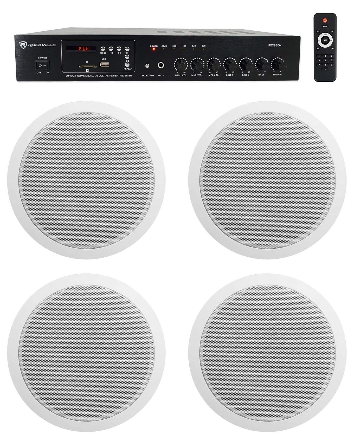 Rockville Commercial 70v Amp+(4) White 6" Ceiling Speakers 4 Restaurant/Bar/Cafe