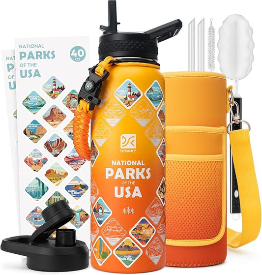 DYSANKY National Parks Water Bottle – 40 oz Insulated Stainless Steel Bottle with 63 Hand-Drawn Park Stickers, Carrier Bag, Strap & Gift Box – BPA-Free – Ideal for Hiking, Camping & Travel