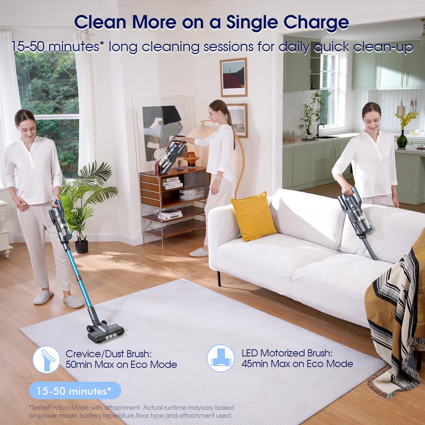 MIUZZY 35,000pa Cordless Vacuum Cleaner, Max 50 Minutes, Lightweight Cordless Cleaners for Home, Stick and Handheld Vacuum for Carpets, Hard Floor, Pet Hair, Cars (Blue)