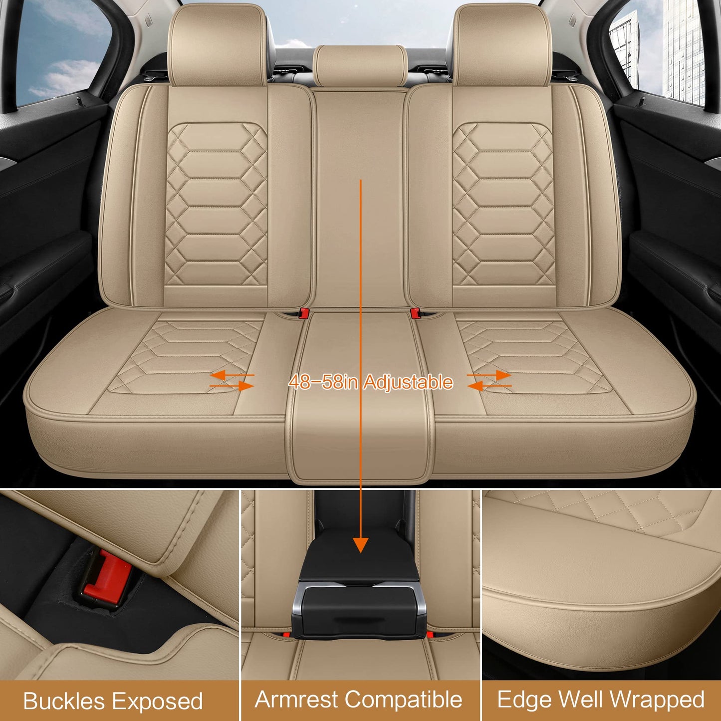 HAIYAOTIMES Leather Car Seat Covers Full Set, Waterproof Faux Leather Seat Covers for Cars, Non-Slip Car Interior Covers Universal Fit for Most Cars Sedans Trucks SUVs, Beige