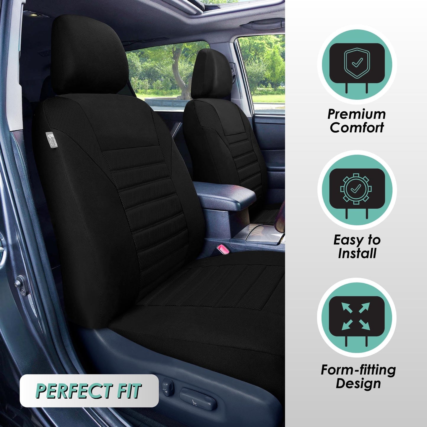 FH Group Car Seat Covers Front Set Premium 3D Air Mesh - Low Back Car Seats with Removable Headrest,Universal Fit,Automotive Seat Cover,Airbag Compatible Car Seat Cover for SUV,Sedan,Van Black