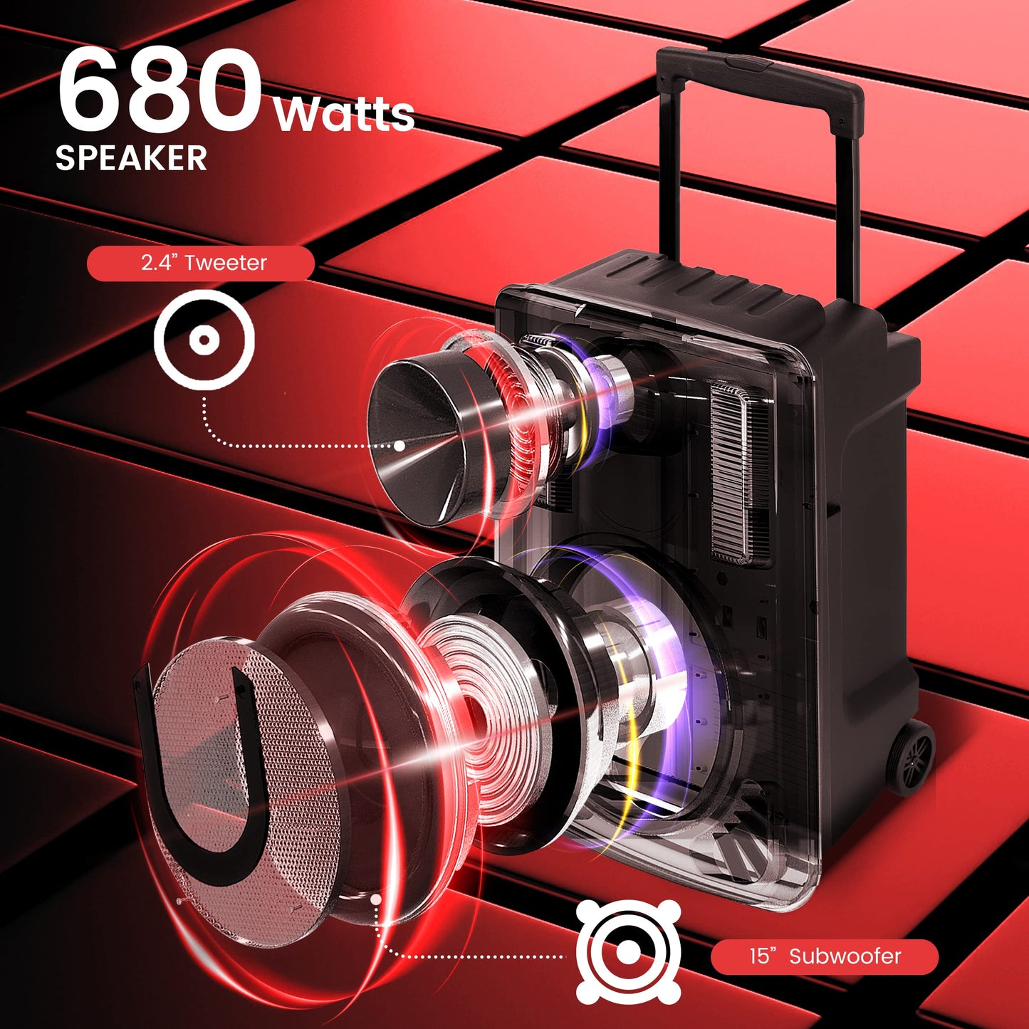Pyle 15’’ Bluetooth Portable PA Speaker System – Rechargeable Karaoke Party Speaker with Wireless & Wired Microphones, LED Lights, Tablet Stand, USB/SD/FM Radio, Trolley Wheels for Indoor/Outdoor Use