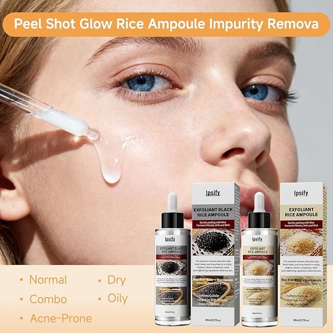 Peel Shot Glow Rice Ampoule, Black and White Rice Exfoliant for Face and Body, Rice Exfoliator for Faces Dead Skin Cells Remover, Face Peel Shot Serum for Softens Cuticle, 80ML (Black Rice)