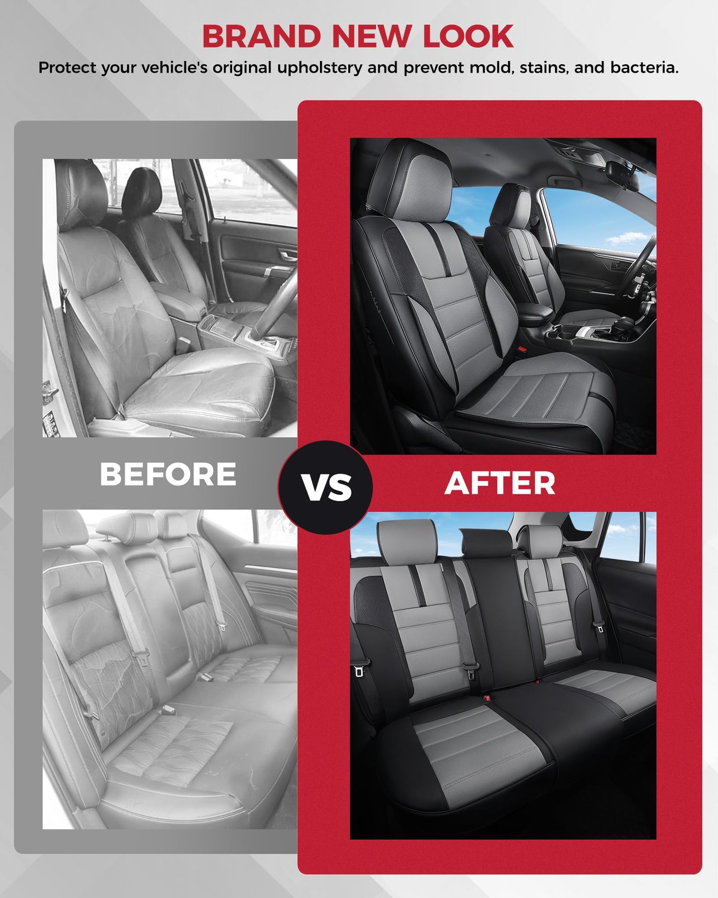 FREESOO Black Gray Car Seat Covers Full Set - Faux Nappa Leather Seat Covers for Cars, with Front Seatbelt Pads, Luxury Waterproof Cushion Protector Accessories Fit for Most 5 Seats Sedans SUV Trucks