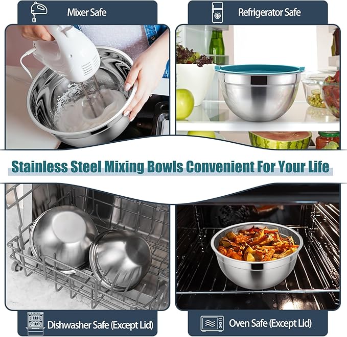 P&P CHEF Blue Mixing Bowls with Lids, Set of 3, Stainless Steel Salad Nesting Bowl for Mixing, Storing, Prepping, Airtight & Stackable, Size 4.6/3 /1.5 QT