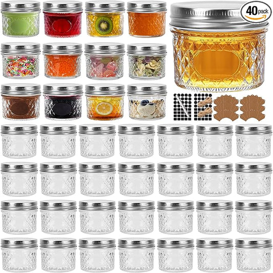 CycleMore 40 Pack 4oz Clear Mason Jars With One Piece Silver Lids, Mini Glass Canisters, Spice Bottles, Canning Jars for Honey, Jam, Jelly