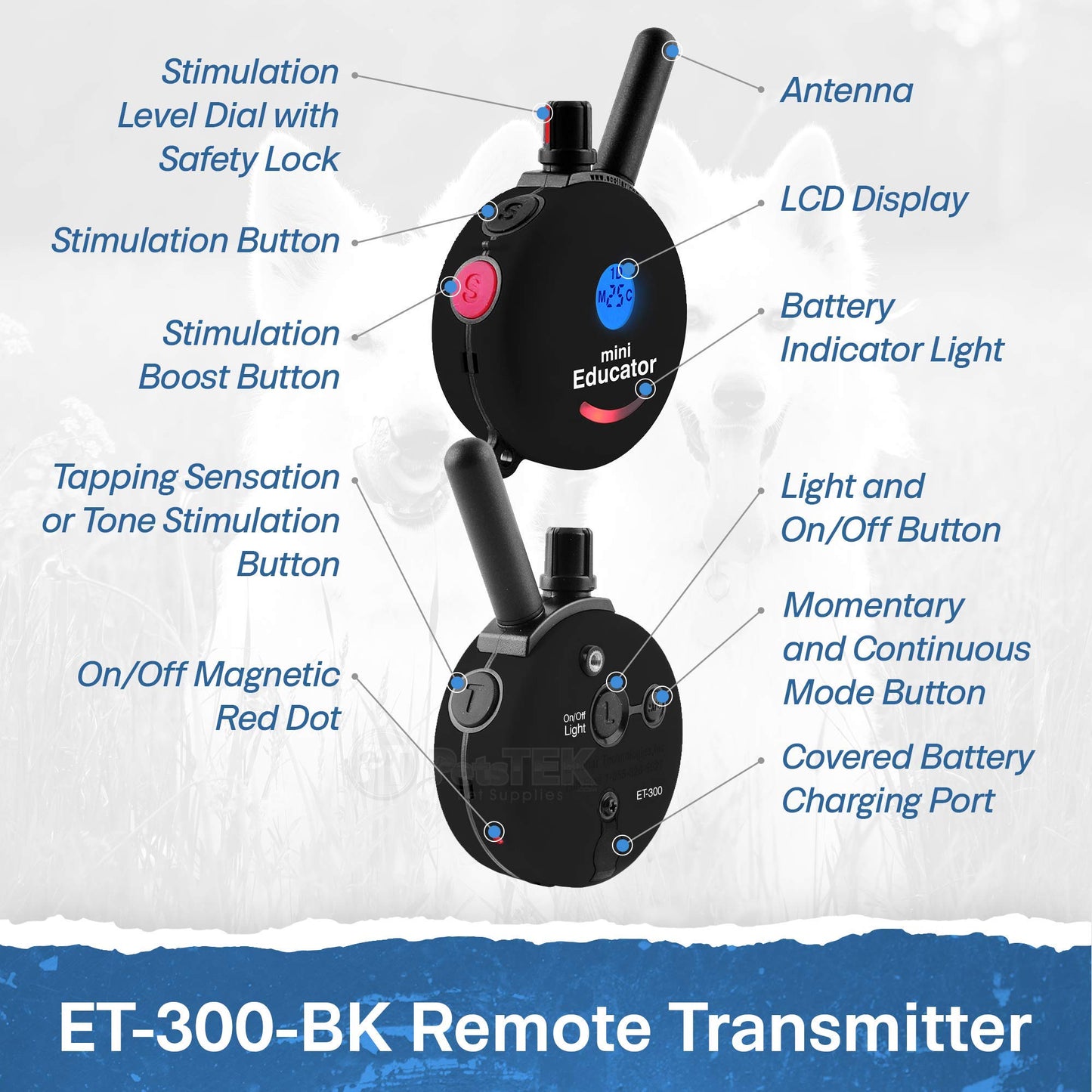 Educator - ET-300 Black - Ecollar Dog Training Collar with Remote Control - 1/2 Mile Range, Waterproof, Rechargeable, 100 Training Stimulation Levels, Vibration and Tone W/PetsTEK Training Clicker