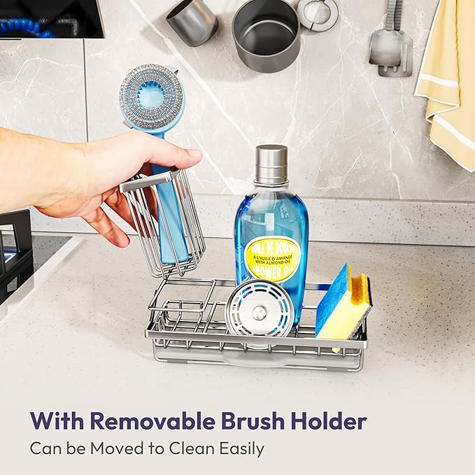 SWTYMIKI Kitchen Sink Caddy Sponge Holder, Kitchen Sink Organzier and Storage with High Brush Holder and Drip Tray for Dish Sponges, Silver