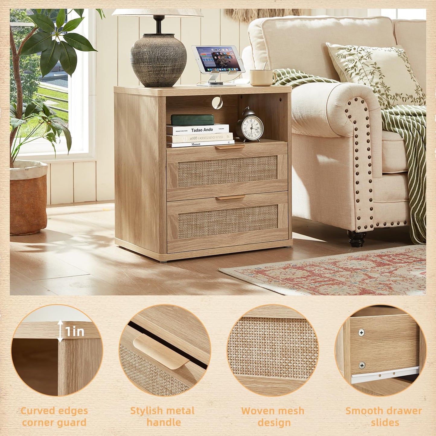 LEYAOYAO Rattan Night Stand with Charger Station, 23" Wide Boho Nightstand with 2 Drawers, Natural Wood Bedside Table Open Storage Cabinet, Bed Side End Tables Dresser for Bedroom, Living Room Hallway